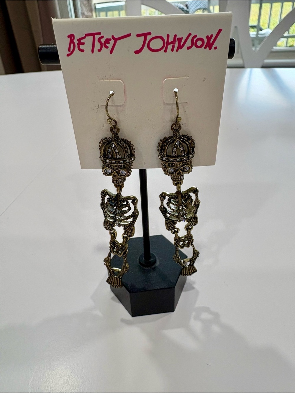 Betsey Johnson Antique Gold Skeleton Crown Drop Earrings